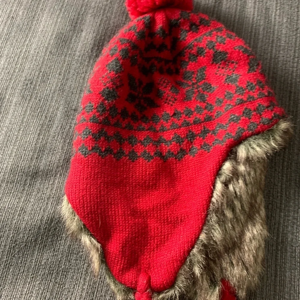 Vintage Faux Fur Christmas Snowflake Ski Winter Hat Red Grey